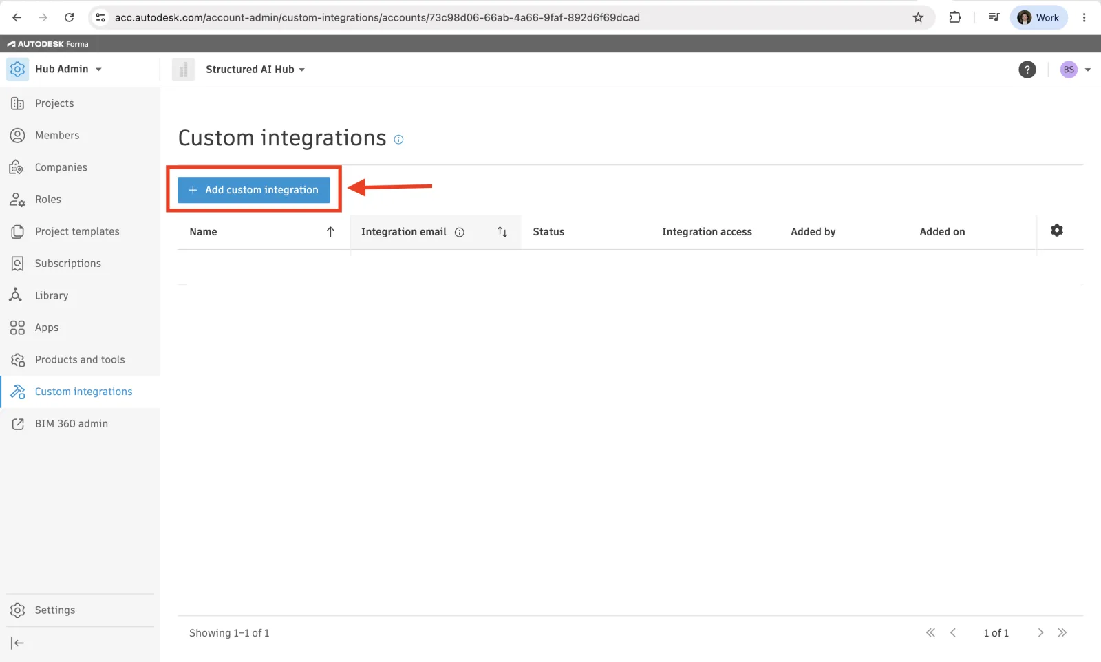 Custom integrations page with the Add custom integration button highlighted