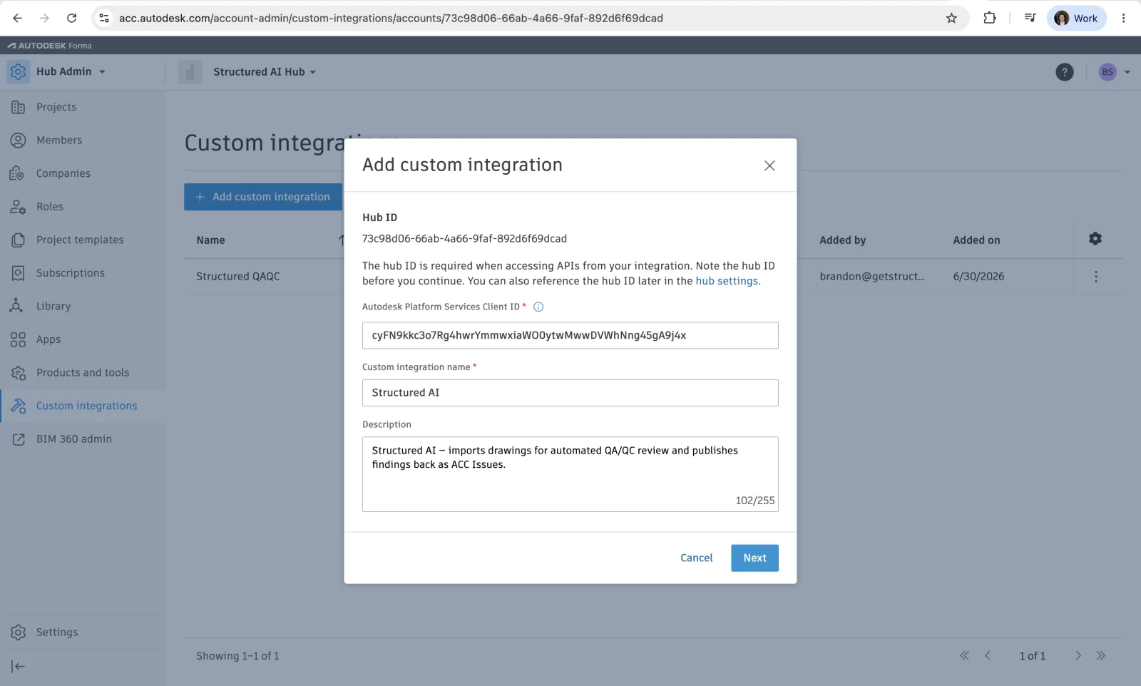 Add custom integration dialog with the Client ID, name, and description filled in