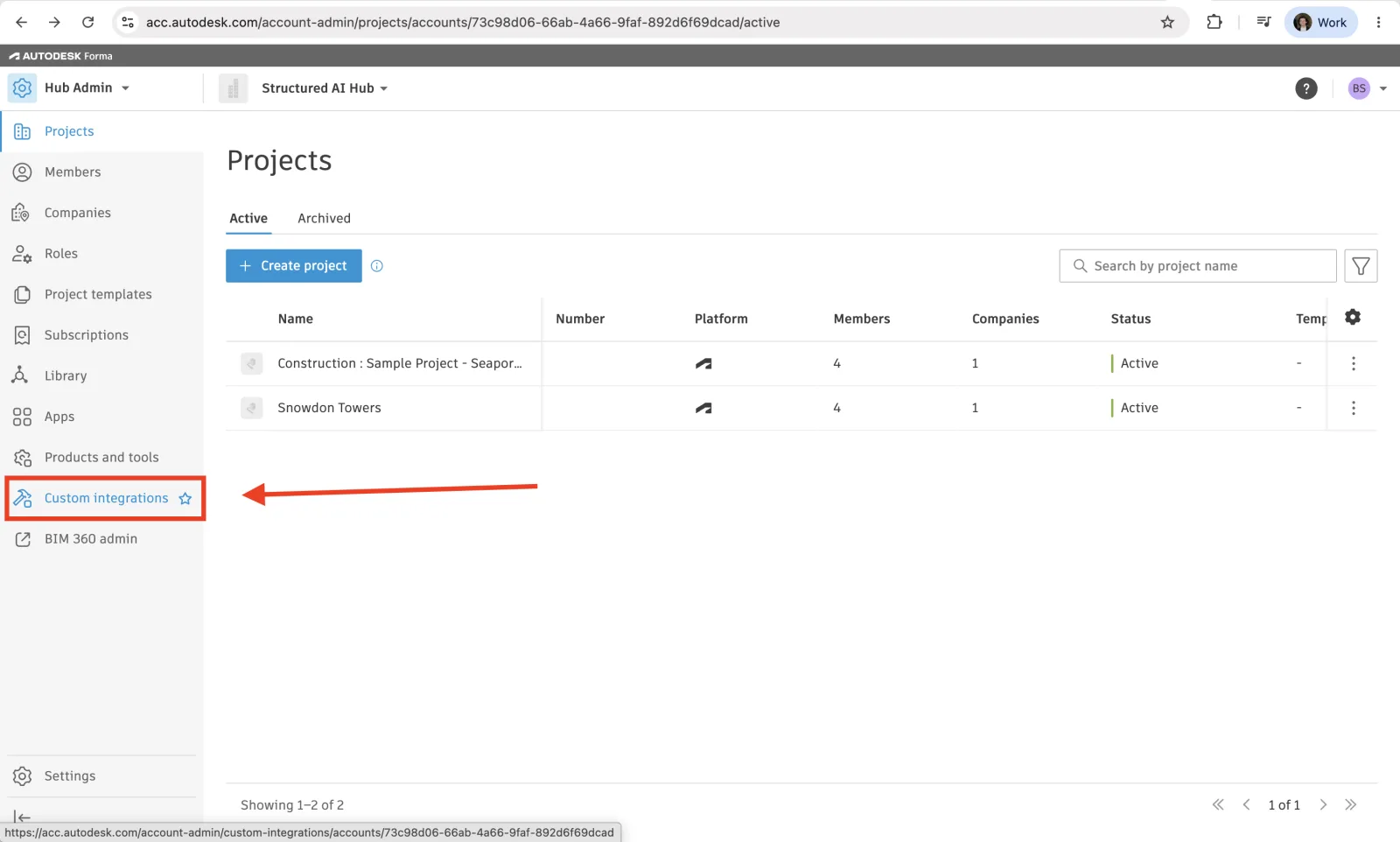 Hub Admin with Custom integrations highlighted in the left sidebar