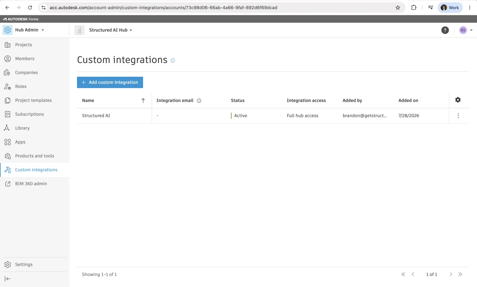 Custom integrations list showing Structured AI as Active