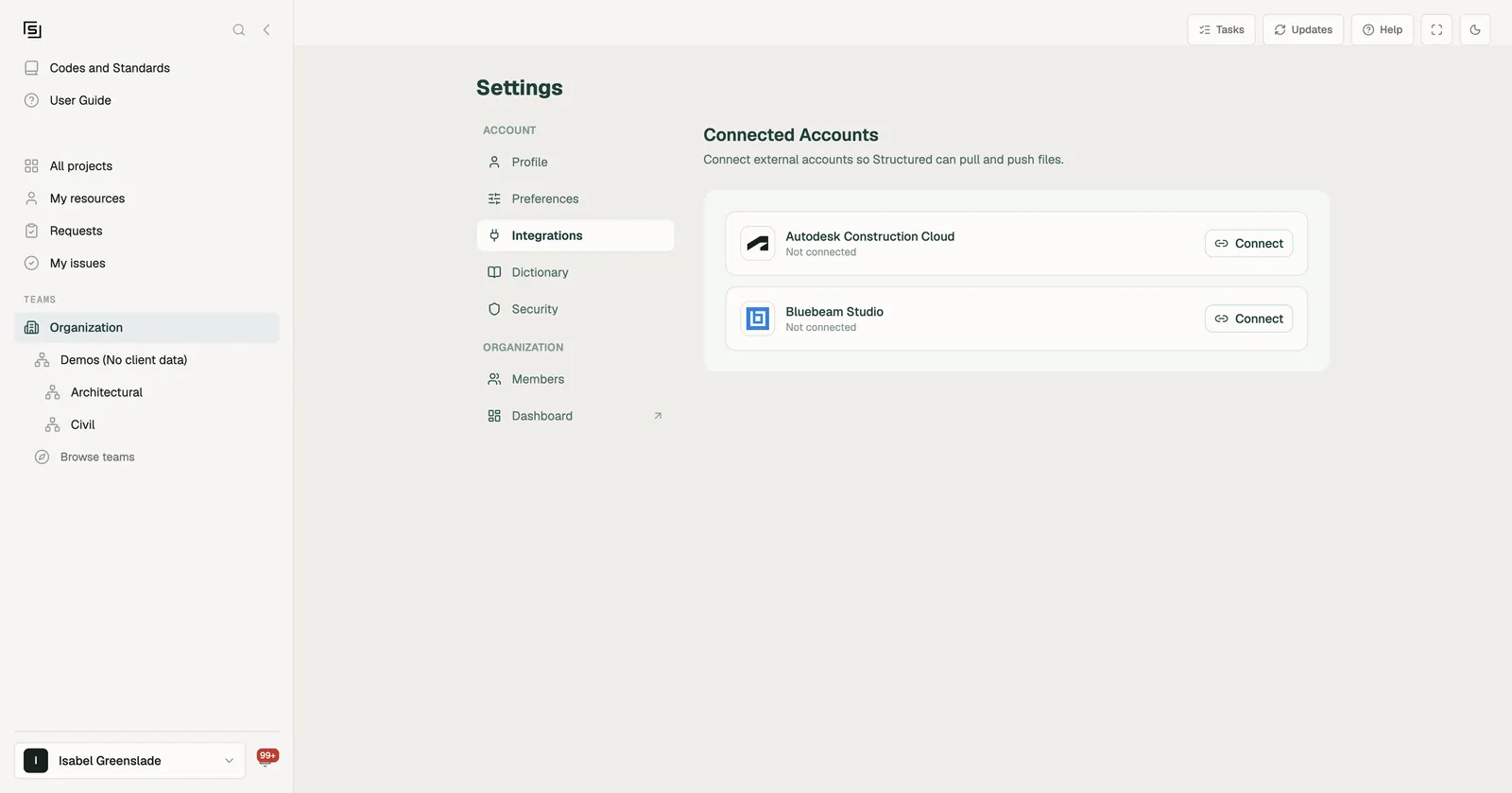 Settings, Integrations: the Autodesk Construction Cloud row reads Not connected, with its Connect button