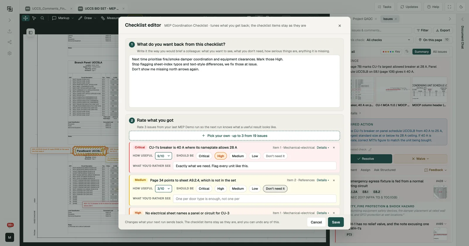 The Checklist editor on MEP Demo: a brief in step 1 and, in step 2, issues rated with a score, a severity and a line of feedback