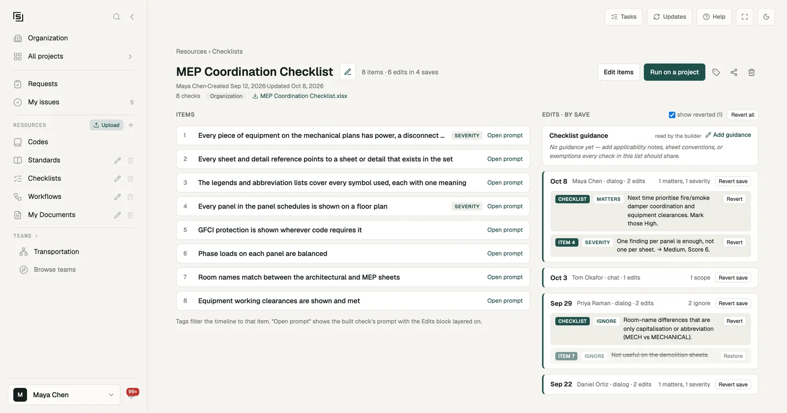 The MEP Coordination Checklist page with its items and the Edits log: saves by four people, one expanded, and a reverted edit with Restore