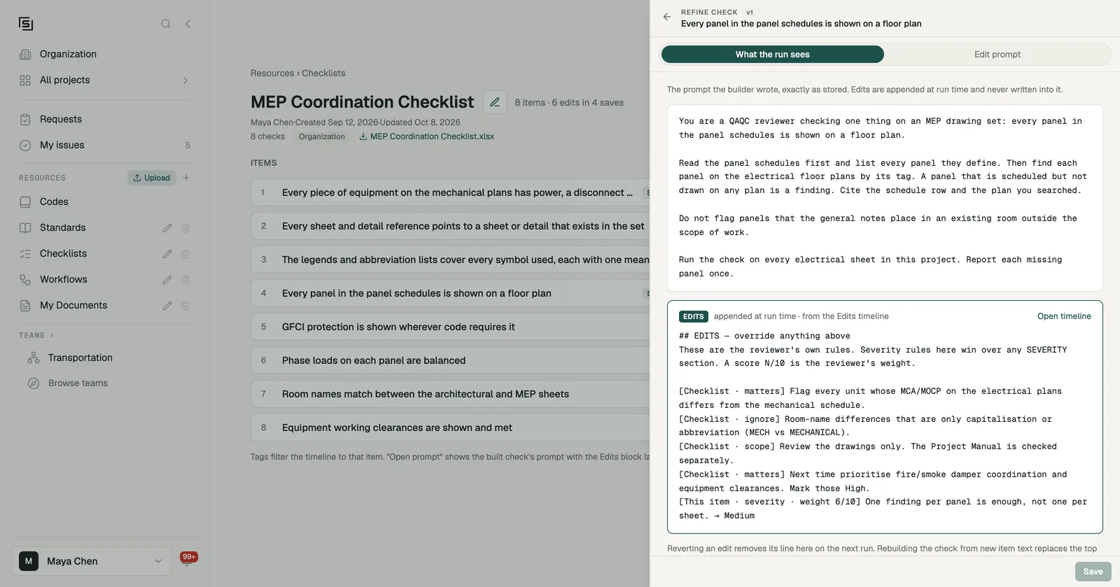 What the run sees for one item of the MEP Coordination Checklist, ending with the active edits