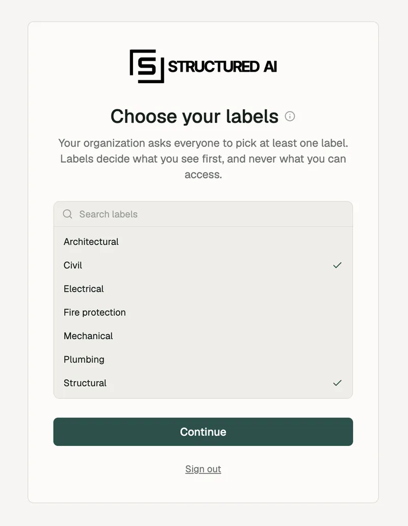 The Choose your labels page with two labels picked and Continue