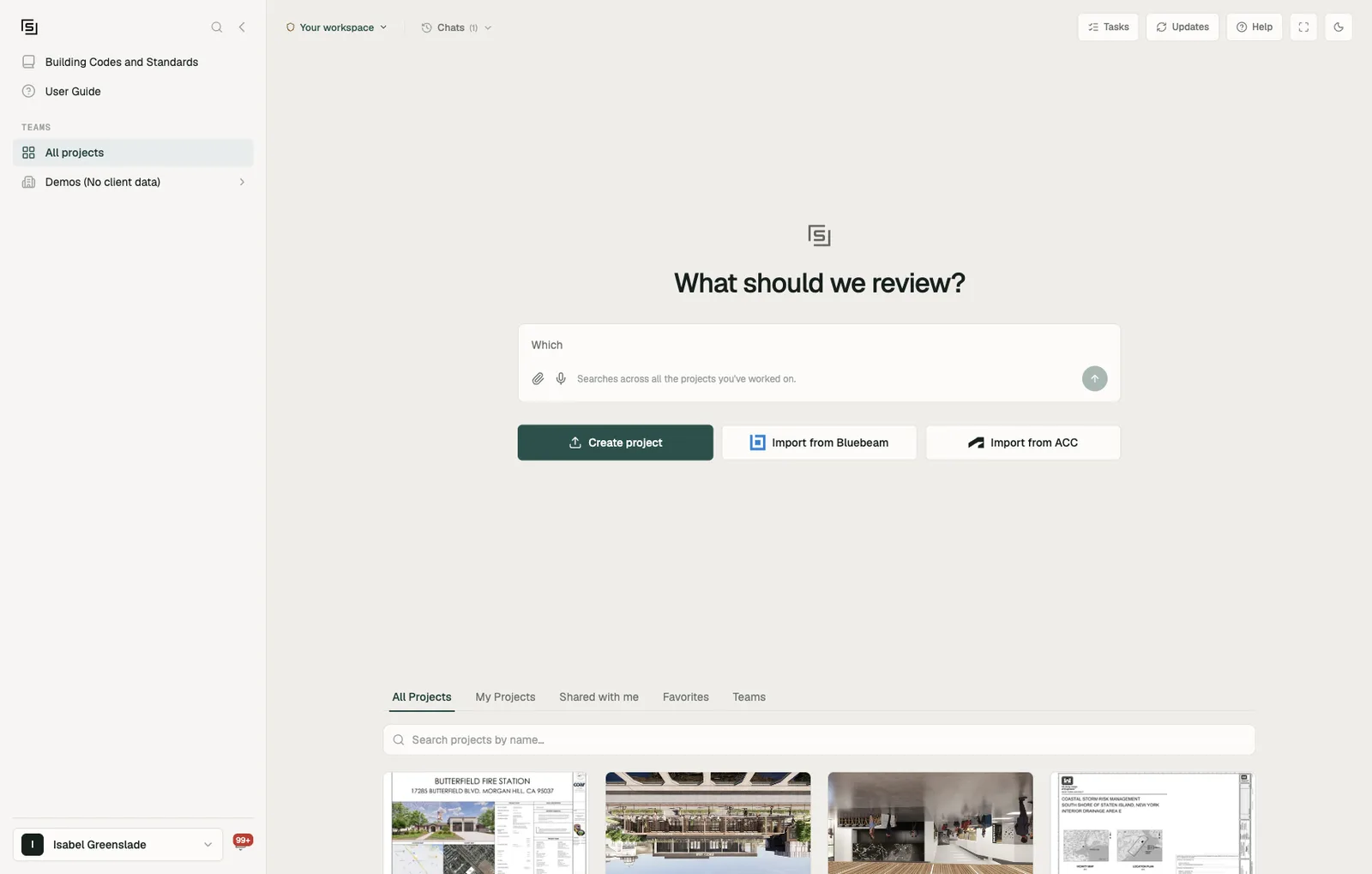 The home page in the legacy layout: Building Codes and Standards and the team list in the rail, and a Teams tab above the projects