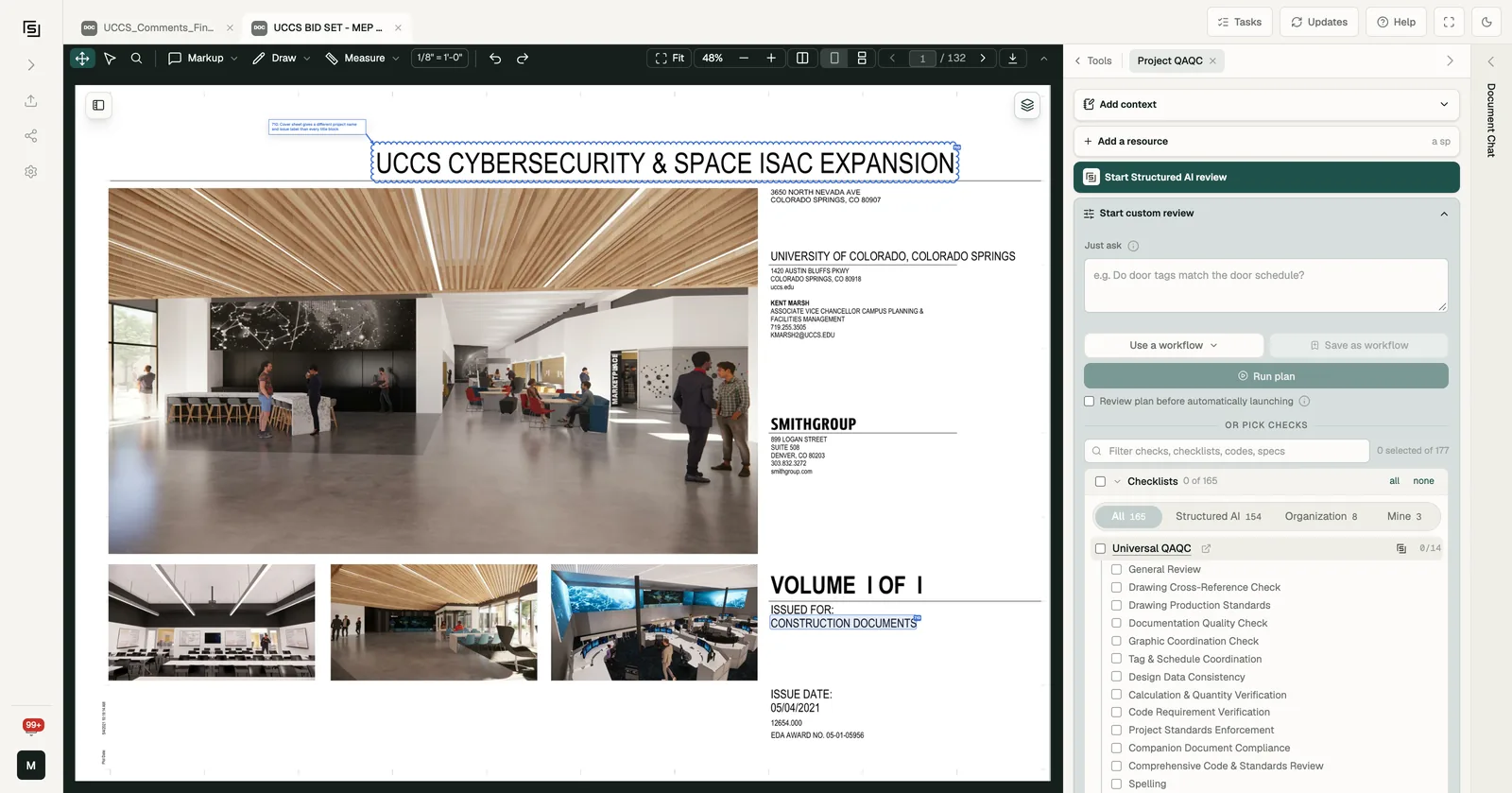 Start custom review on MEP Demo, with Universal QAQC opened to show its individual checks