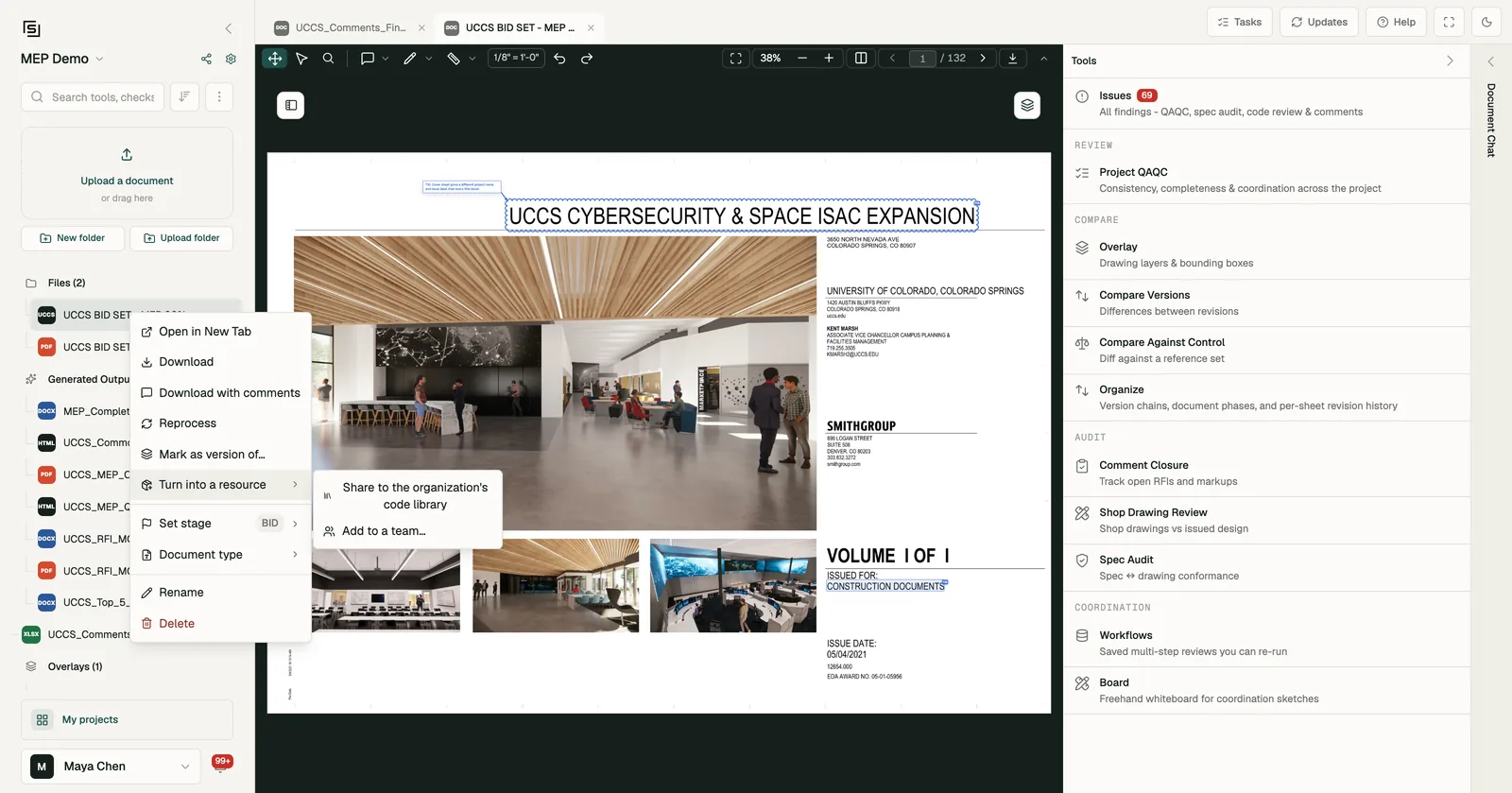 The right-click menu on a file in MEP Demo, with Turn into a resource open: Share to the organization's code library and Add to a team