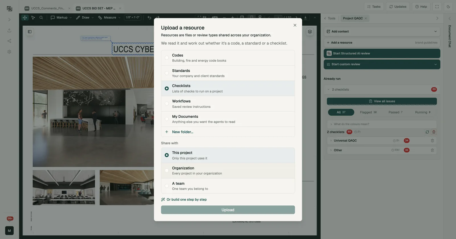 Upload a resource opened from MEP Demo, with the Checklists folder chosen and the Share with options This project, Organization and A team