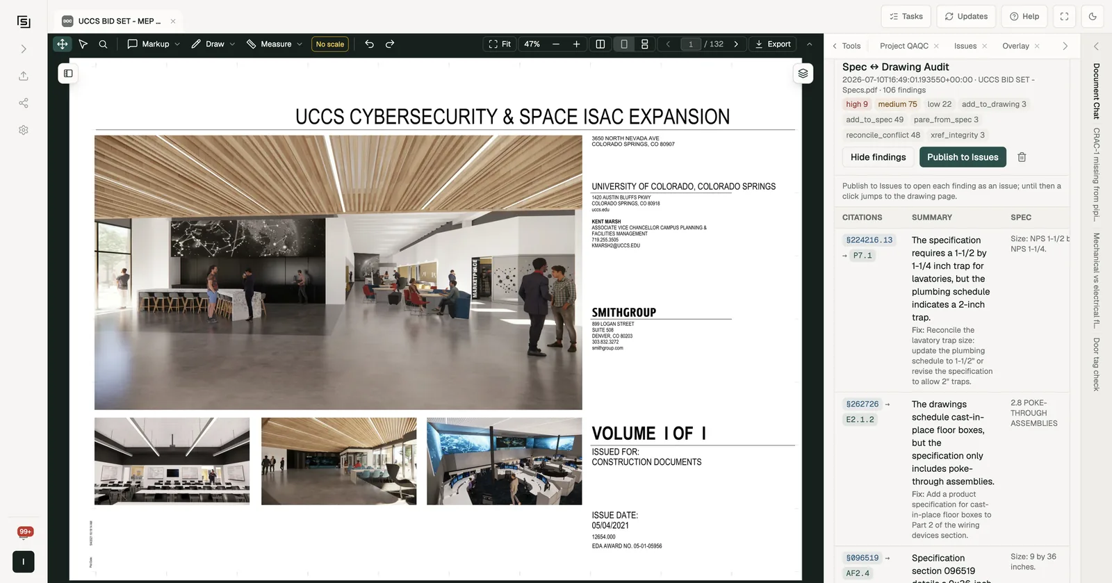 A completed spec audit with its findings open: severity and category counts, the Publish to Issues button (which reports already-published findings as such), and findings that cite a spec section and the drawing sheet it conflicts with